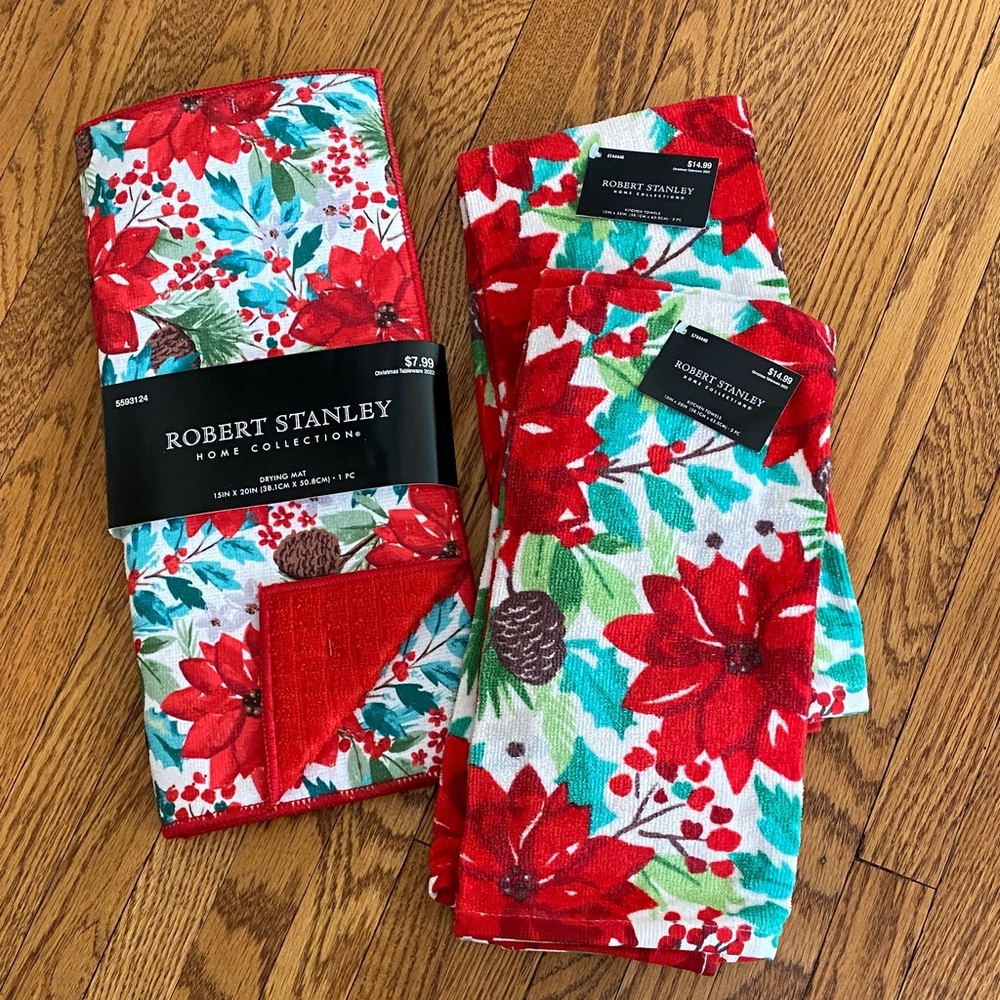 Christmas Floral Kitchen Towels and dish drying mat